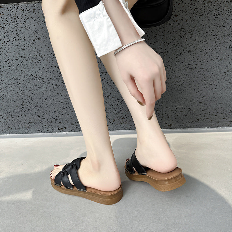 2025 popular slippers women's summer new one-word slippers casual retro comfortable soft-soled flat sandals women's outer wear