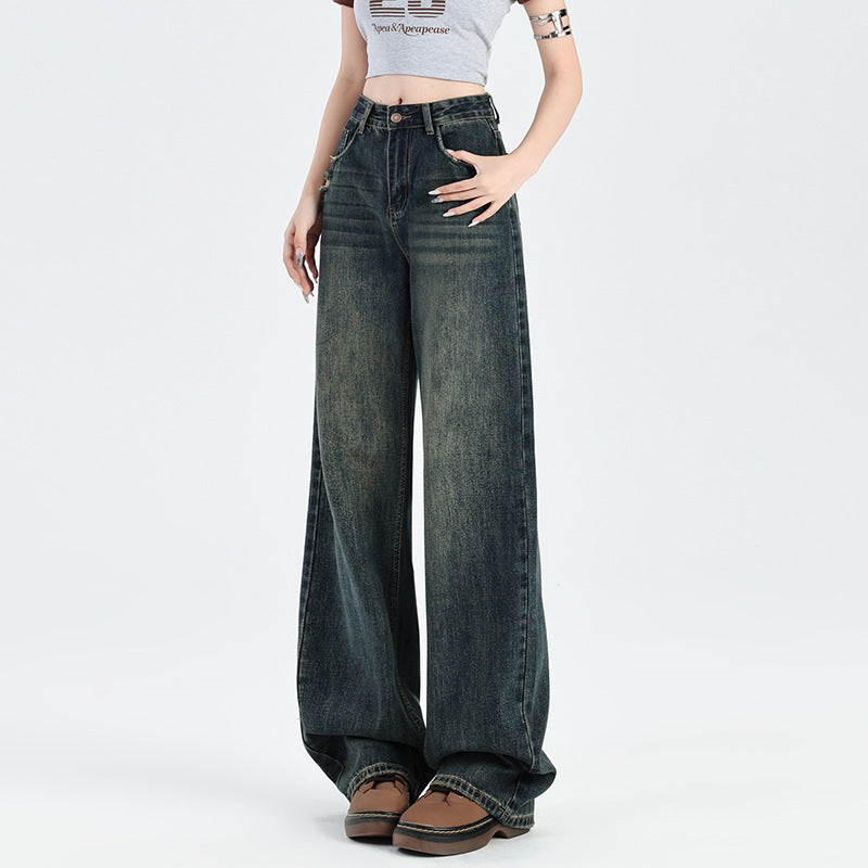 2025 Cement gray jeans women's autumn popular new high waist thin ripped straight narrow version mopping small pants