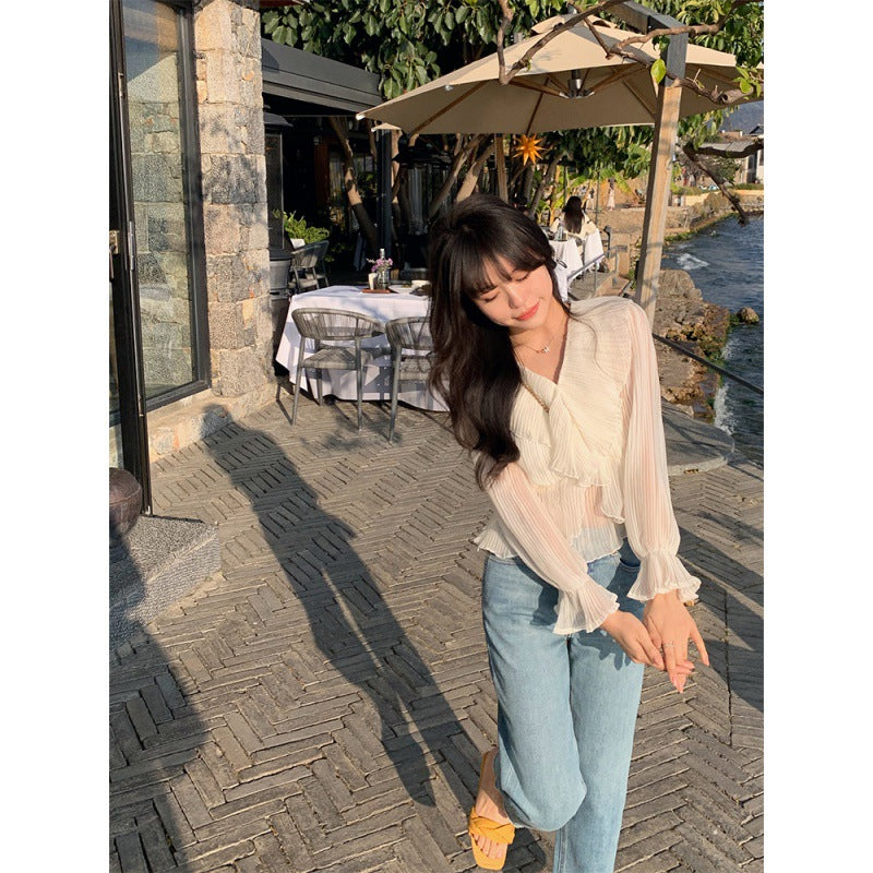 Small pleated design shirt women's  gentle first love temperament ruffle edge long sleeve retro collar top