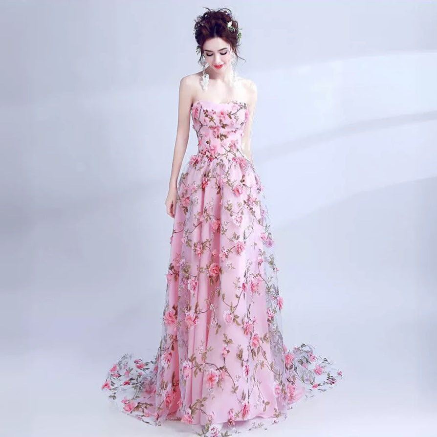 2025Evening dress women spring and summer new bean pink tube top bride wedding banquet annual meeting evening dress factory supply
