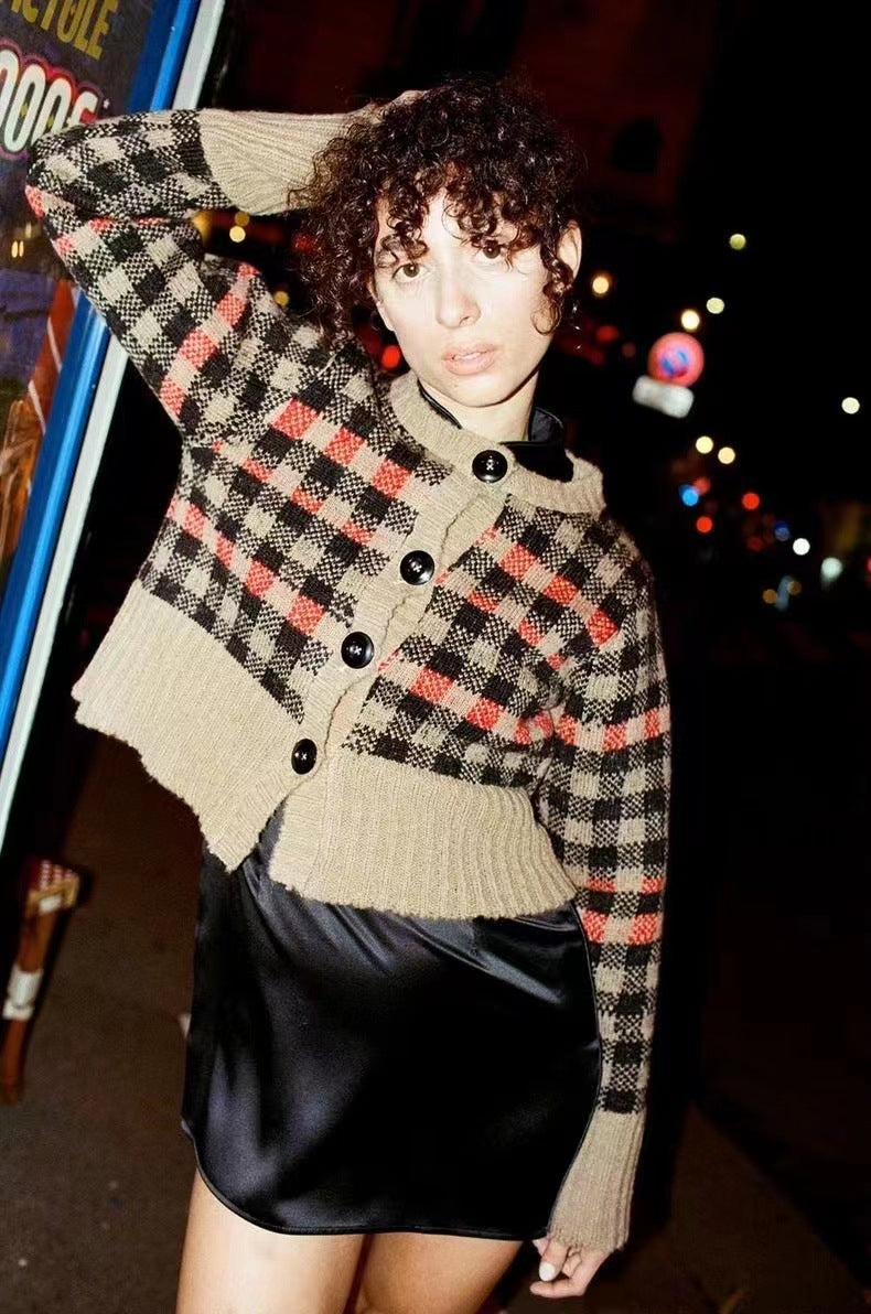 2025 24 autumn and winter new cardigan jacket women's top wool-blend long-sleeved round neck plaid knitted jacket women 31533
