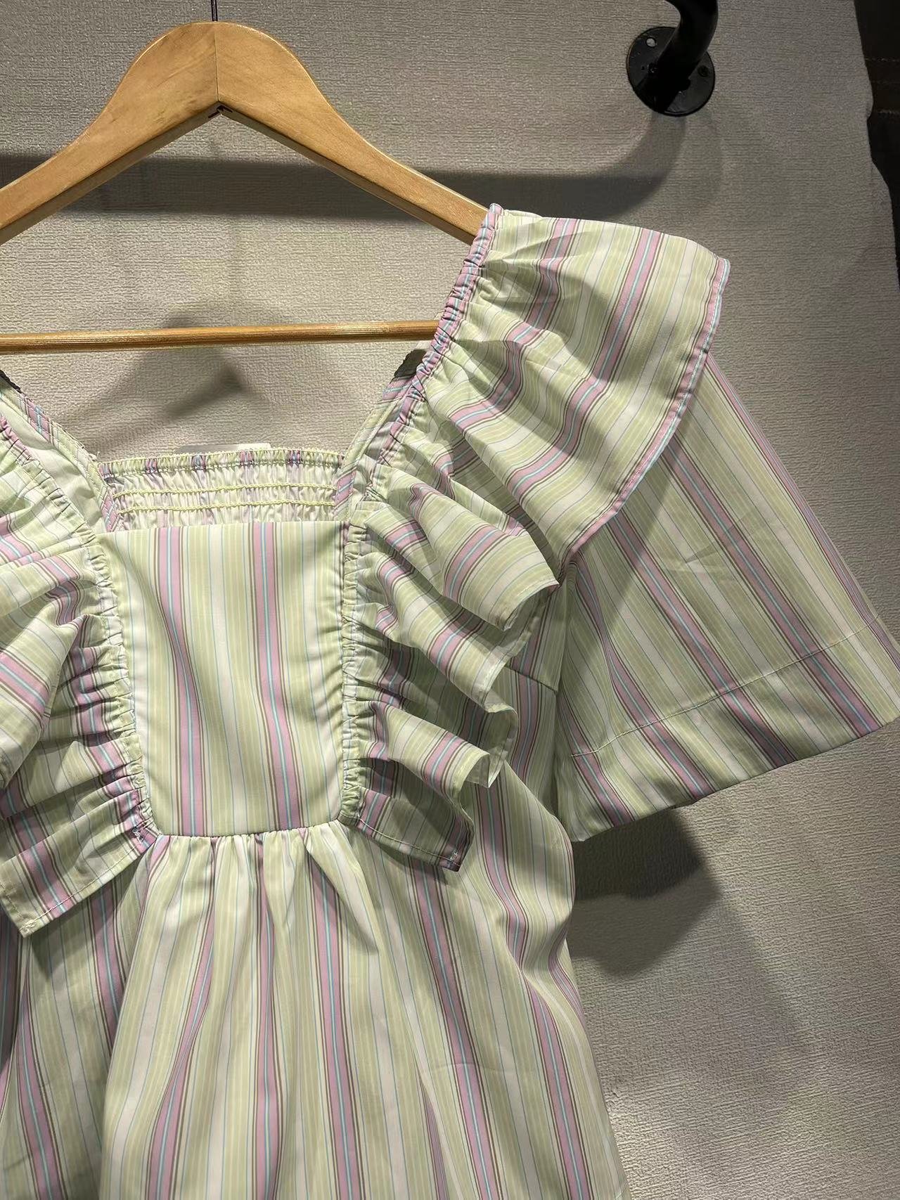 2025 GA Home Fresh and Sweet Striped Lotus Leaf Edge Square Neck Short Sleeve Cotton Shirt Cute Doll Neck Shirt Women's Premium Sense