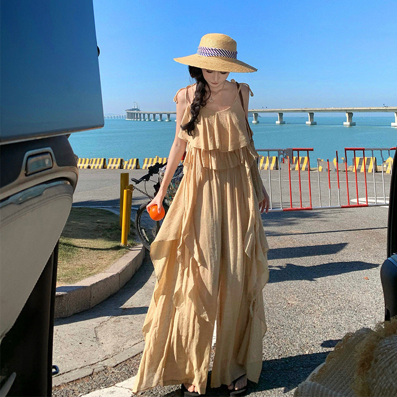 2025 Niche design seaside vacation suit wear women's summer lotus leaf edge streamer vest loose wide-leg pants two-piece set