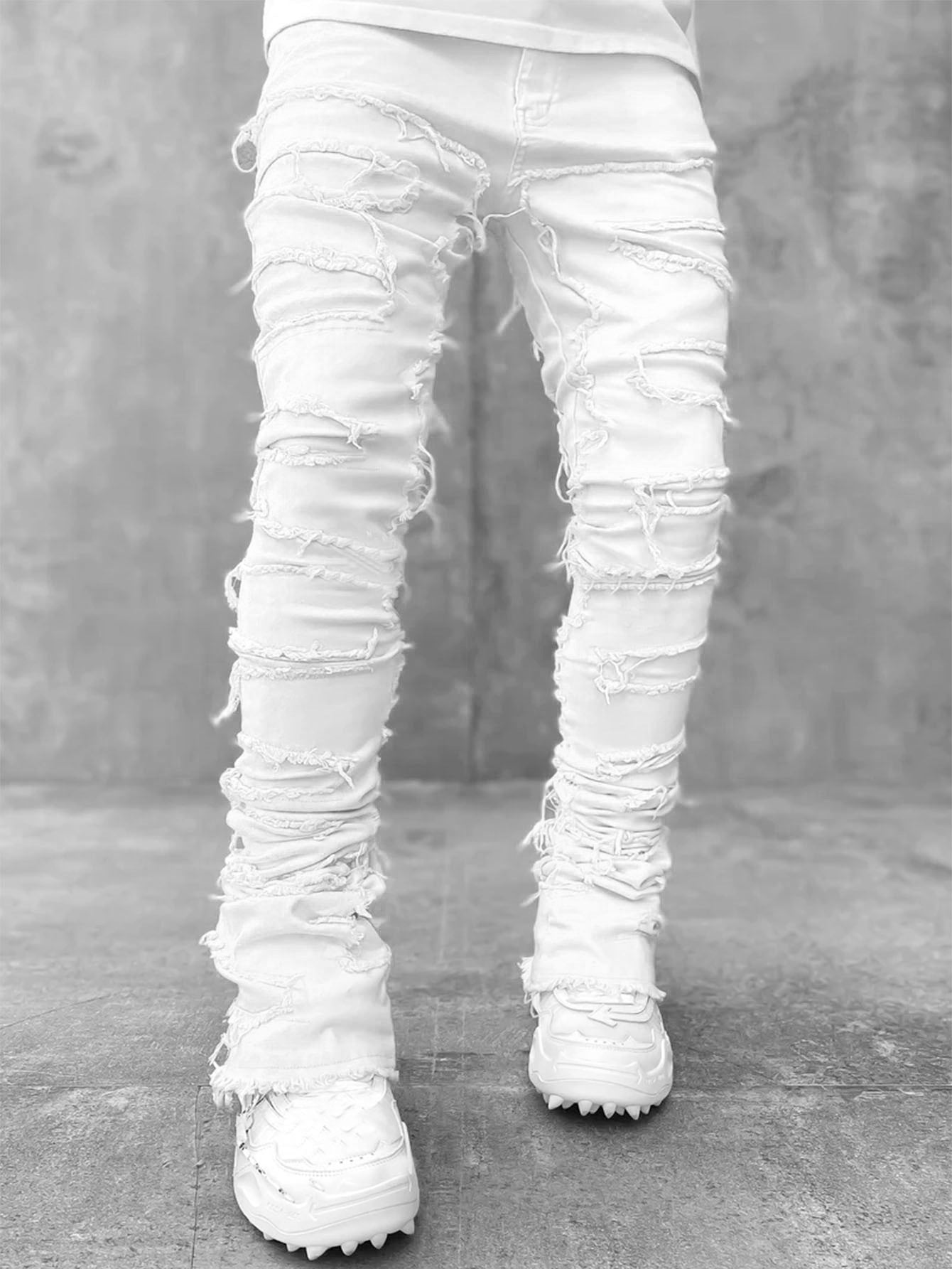 2025 Cross-border new men's denim straight pants, 2025 street fashion ins popular elastic sticker denim straight pants