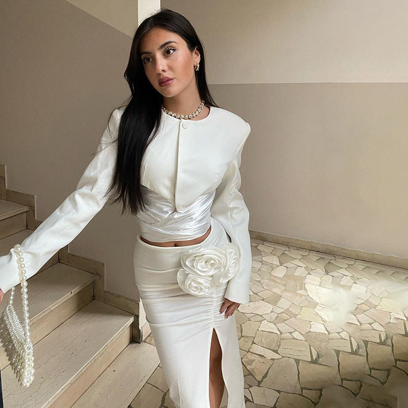 qgtao classy demure mindful dress to impress 2024 Autumn New Elegant Socialite Pleated Waist Design Top Rose Modified Hip Skirt Two-Piece Set for Women