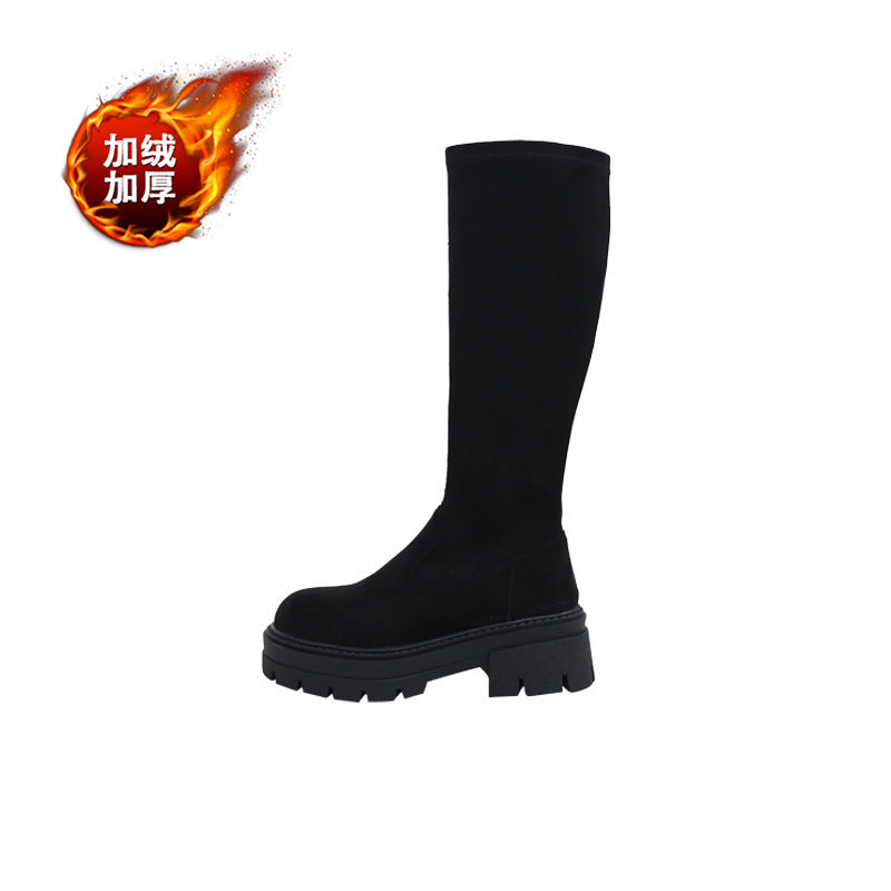 2025 But knee suede boots children thick-soled autumn and winter new thin elastic long tube thin boots flat knight boots