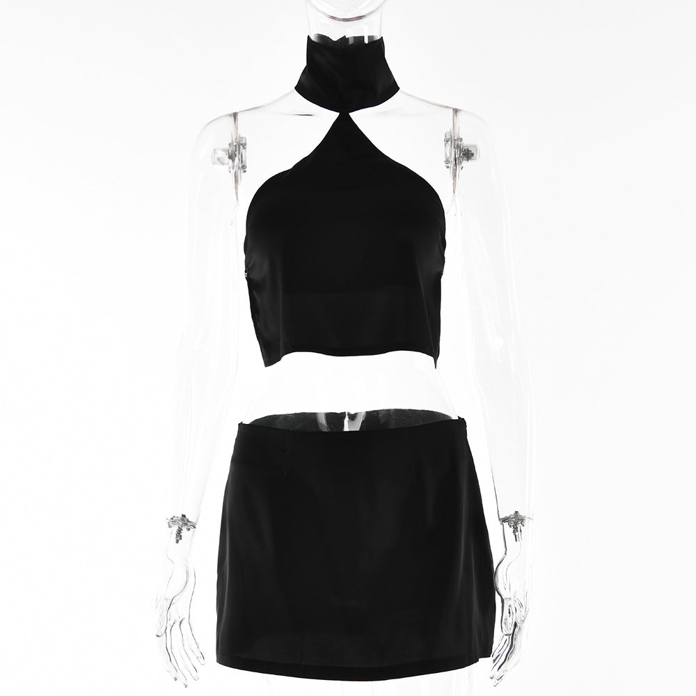 2025 style neck top short skirt set women's autumn hot-selling new sexy backless slit two-piece set