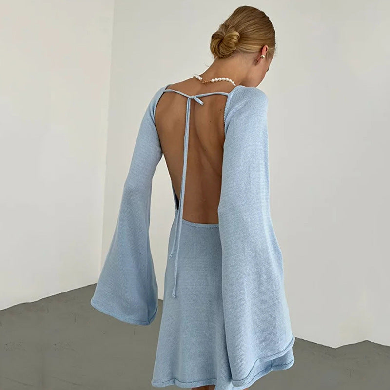 2025 new sexy backless dress for women, New horn sleeves loose beach vacation dress for women