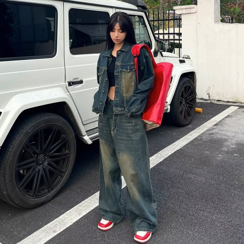 qgtao y2k Spring and Autumn New Jeans Women's American Retro Loose Wide-Leg Pants Denim Casual Fashion Trousers