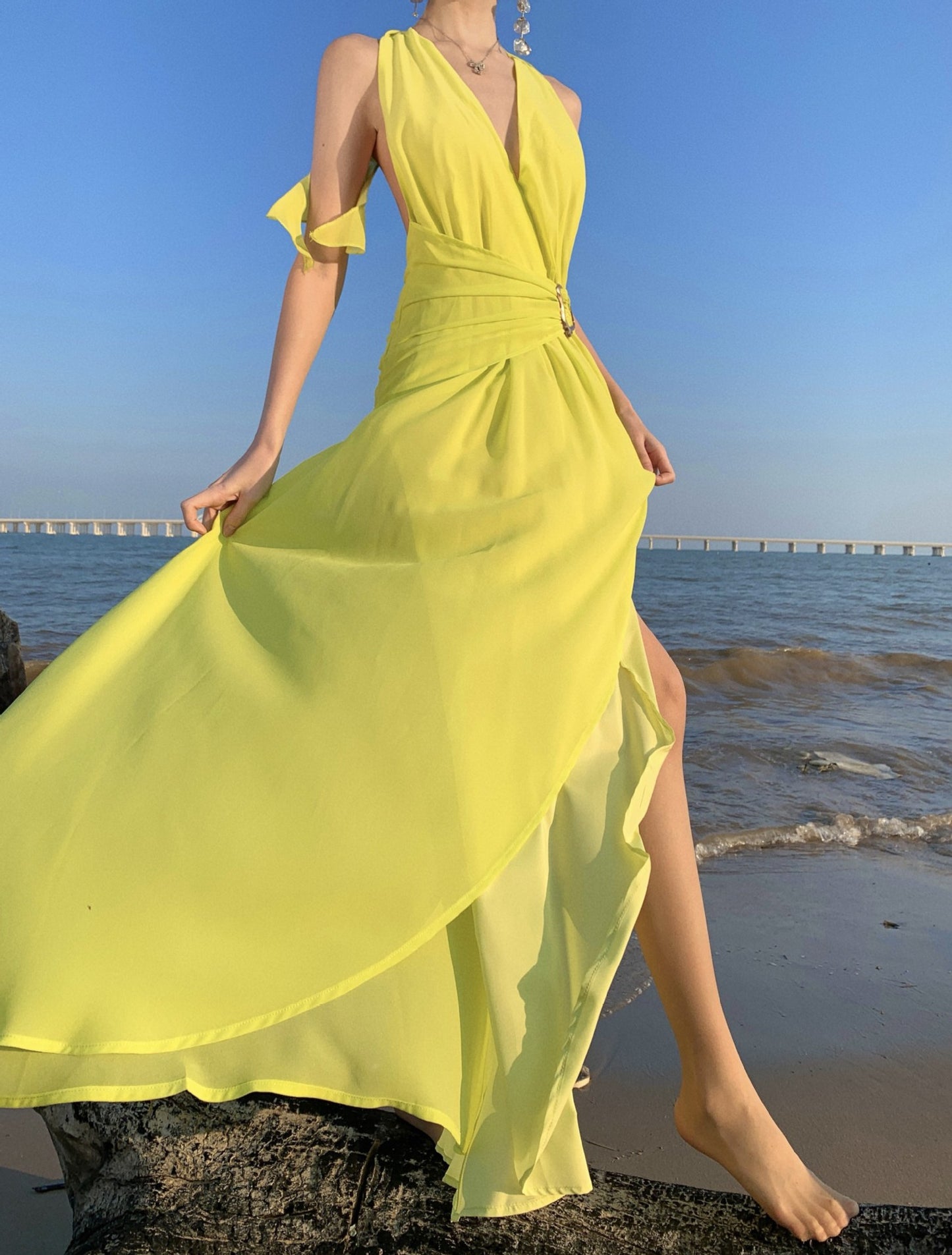 2025 Thai Spice Girl pleated neck skirt high split dress backless long dress evening dress Sanya vacation photo skirt