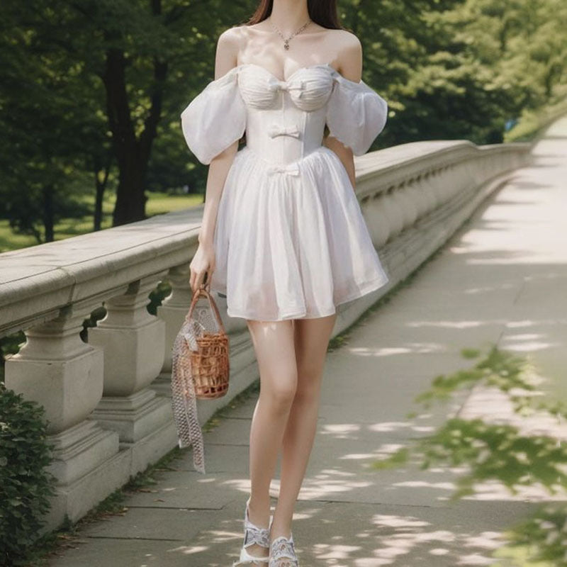 white dress women's 24 summer new small square neck bow temperament dress dress L4040