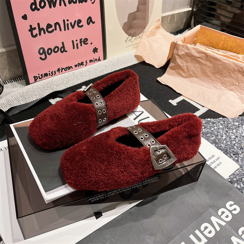 2025 Korean version of one-word Mary Jane autumn and winter new Doudou women's shoes plush flat-soled fluffy shoes single shoes cotton ladyshoes
