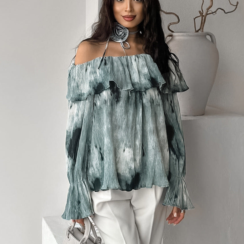 2025 Spring and summer fashion national style flower casual printing crepe one-word collar shirt lace-up loose horn sleeve top