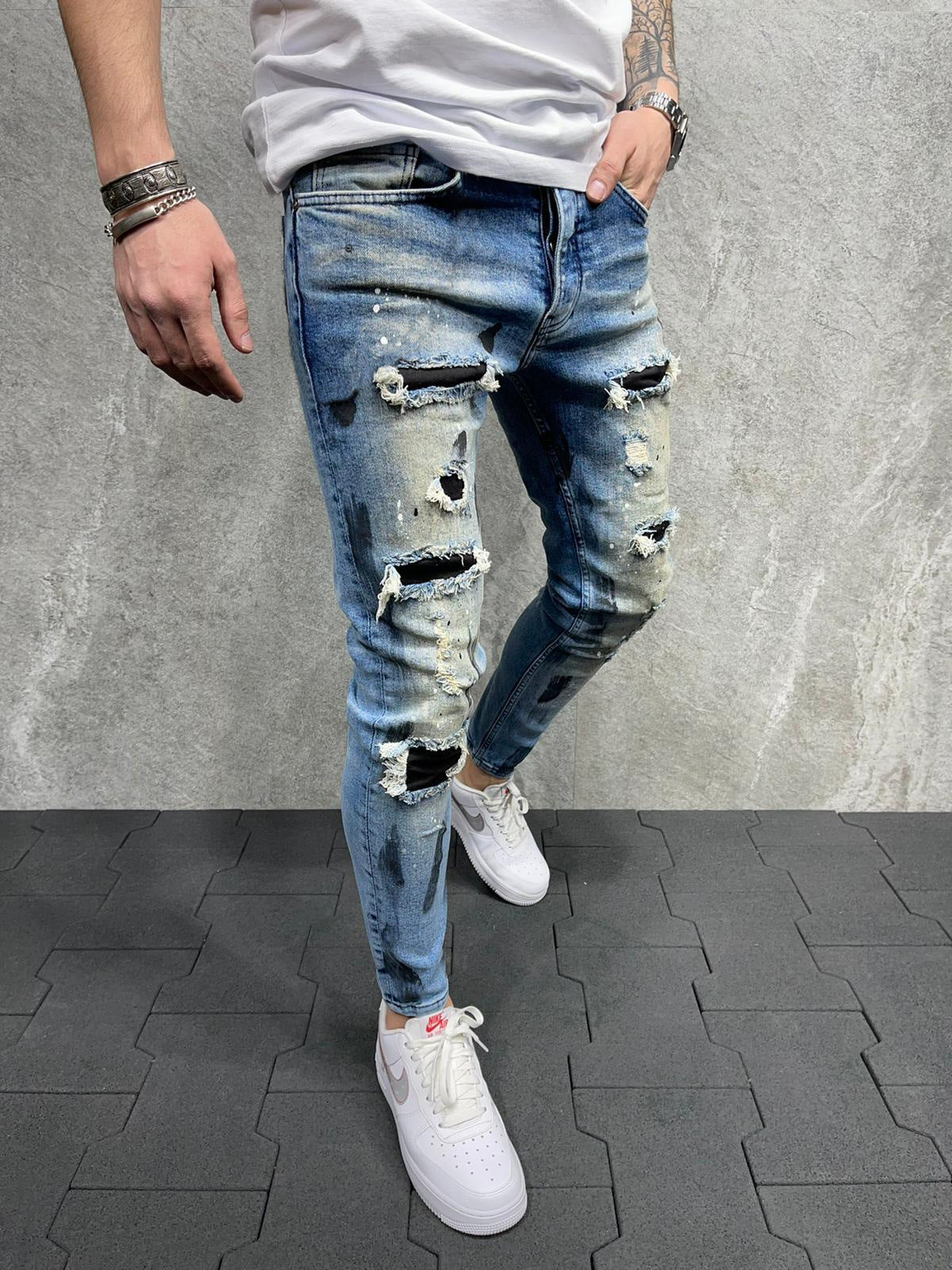 2025 Wish 2025 new men's slim-fitting ripped pants new men's paint denim men's pants factory direct sales