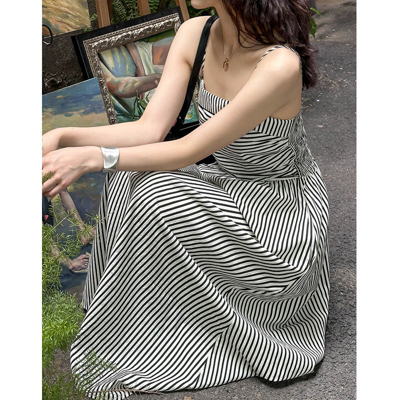 2025 popular summer new dress women's black and white striped temperament waist thin tube top sleeveless long dress 1601