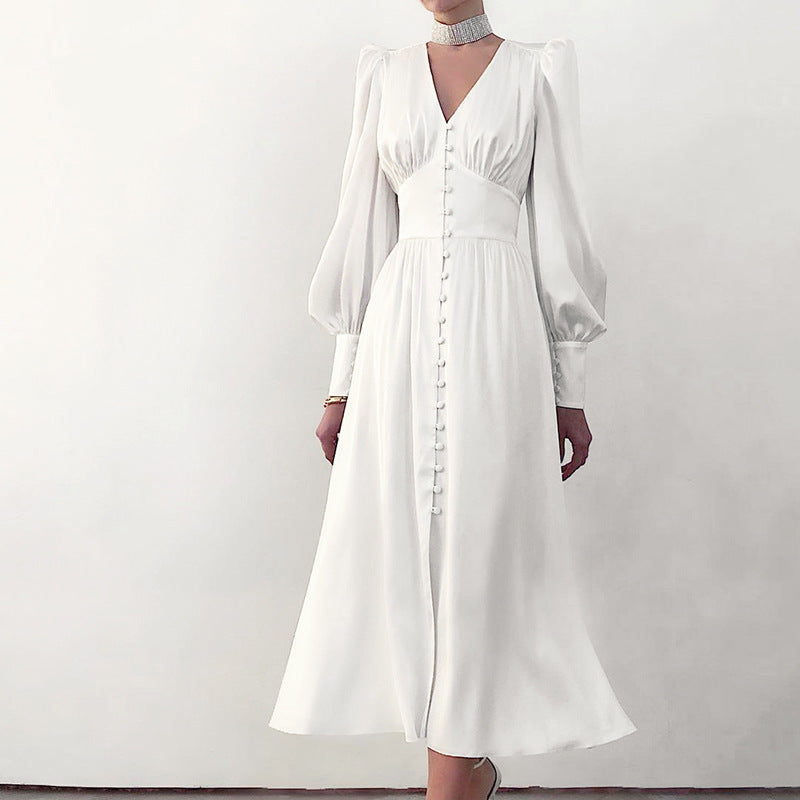 2025 spring new satin dress women's design lantern sleeves waist thin temperament slim dress