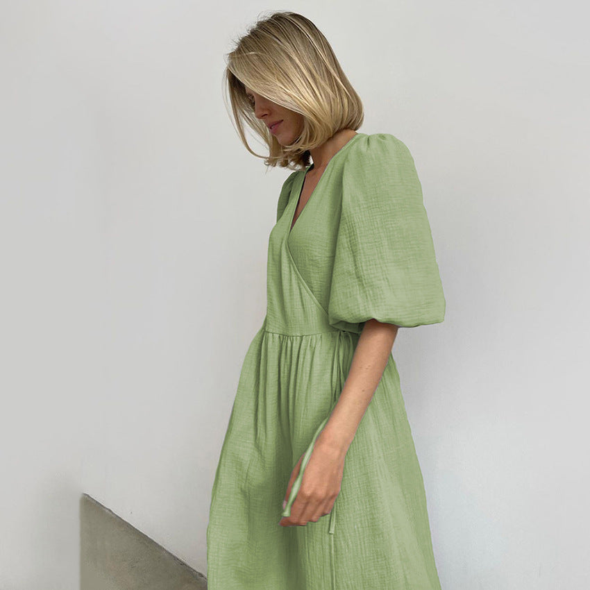 2025 mid-skirt popular summer new fashion women's clothing lace-up short-sleeved bubble-sleeved dress summer apron skirt