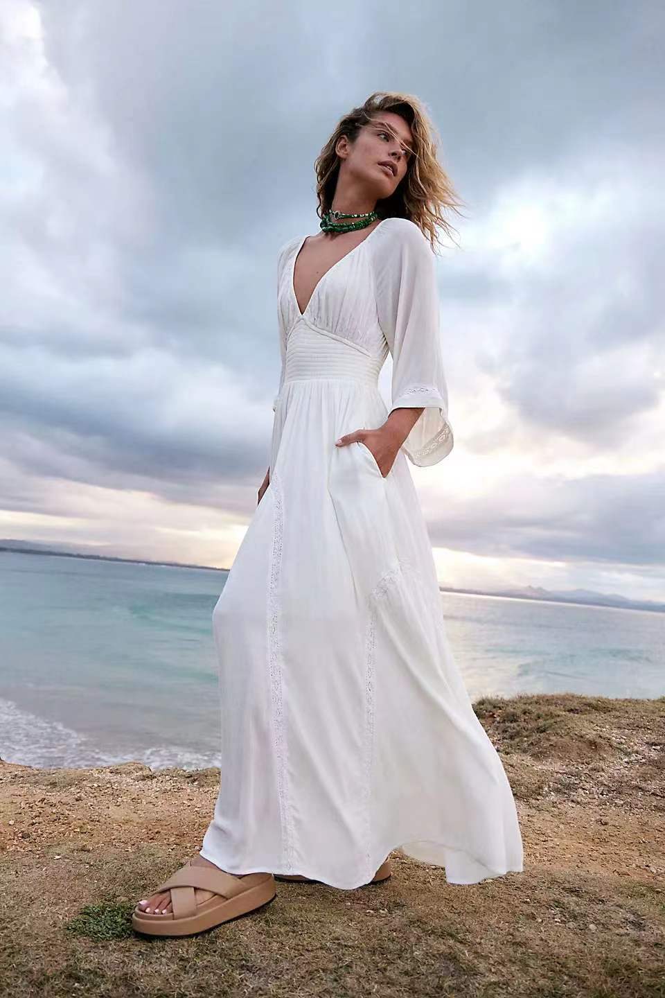 qgtao pop culture dress to impress New Solid Color Long Fashion Sexy V-neck Tight Waist Fashion Snow Chiffon Dress