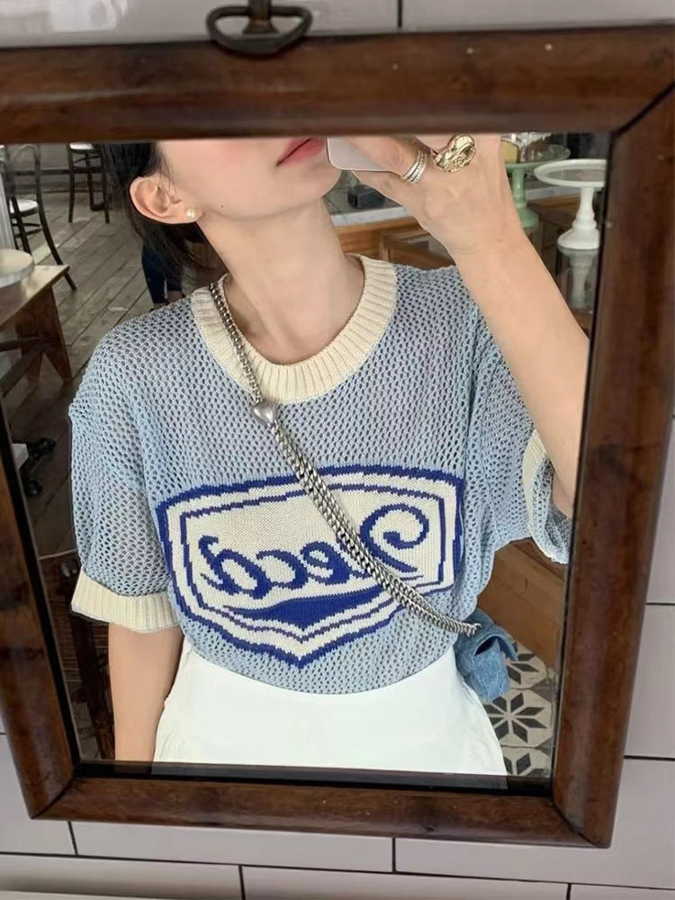 2025 Fever same knitted short-sleeved t-shirt women's blue hollowed-out knitted letter jacquard short-sleeved top sweater short-sleeved women