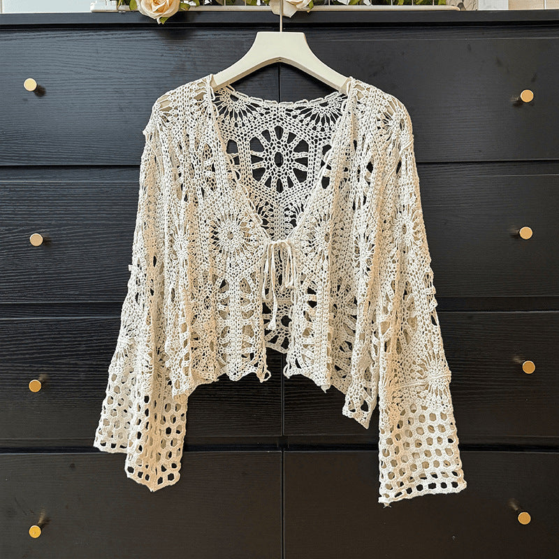 qgtao outfit inspo Bohemian Ethnic Style Hollow-out Crocheted Thin Long-Sleeved Knitted Cardigan Women's Summer Lace-up Top