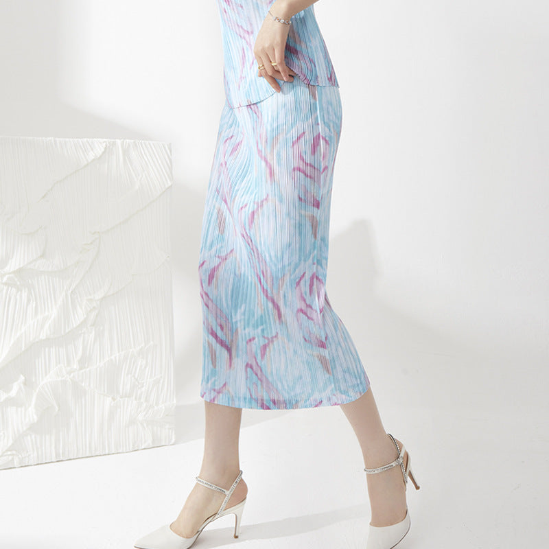 Side split pleated skirt women's summer new high waist drape versatile straight long hip skirt slim fit