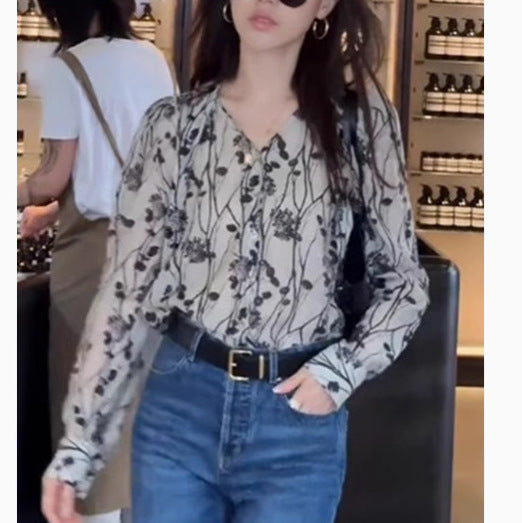 Retro ink printing v-neck long-sleeved sunscreen shirt women's summer fashion Popular loose  temperament streamer top