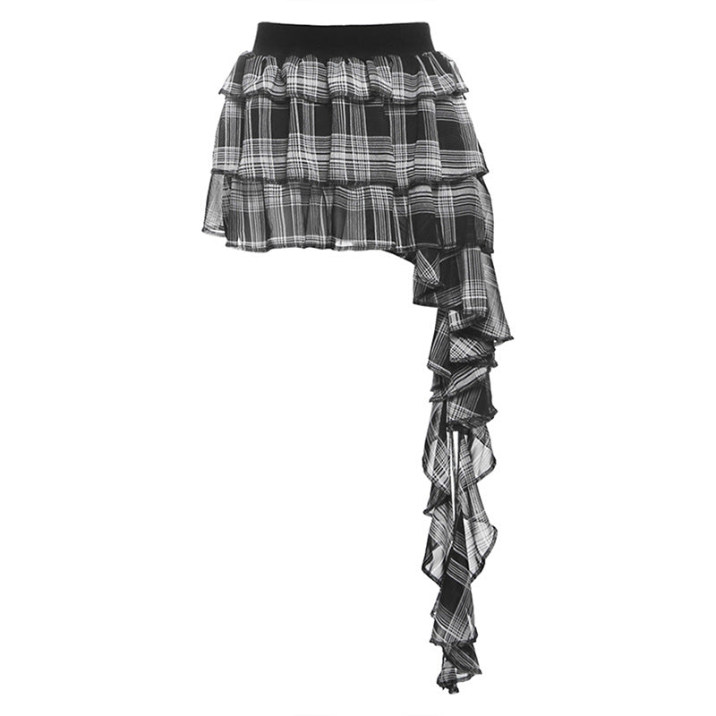 2025 style spring new women's clothing three-dimensional ruffle edge splicing design high-waisted plaid skirt