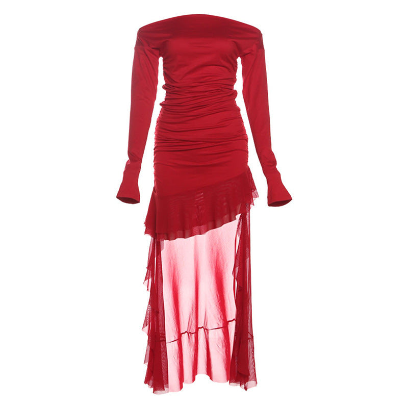 2025 style popular winter new women's clothing one-word collar off-shoulder slim-fitting waist solid color long-sleeved dress