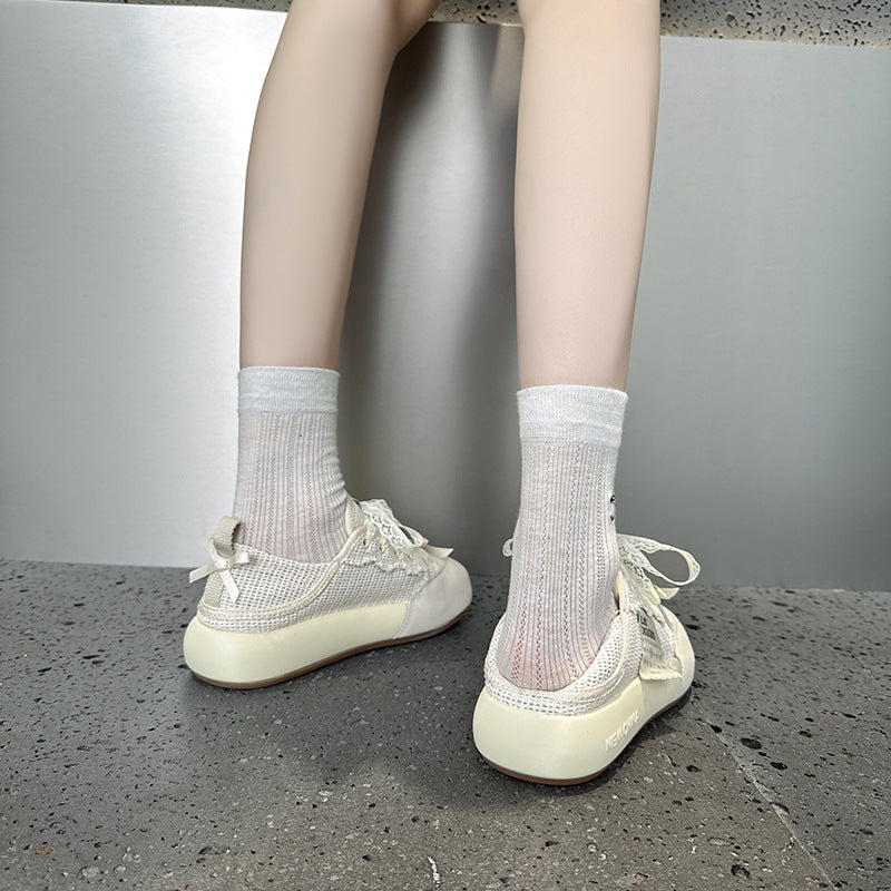 2025 Little white shoes women's popular new summer leather breathable mesh muffin casual shoes show small platform shoes