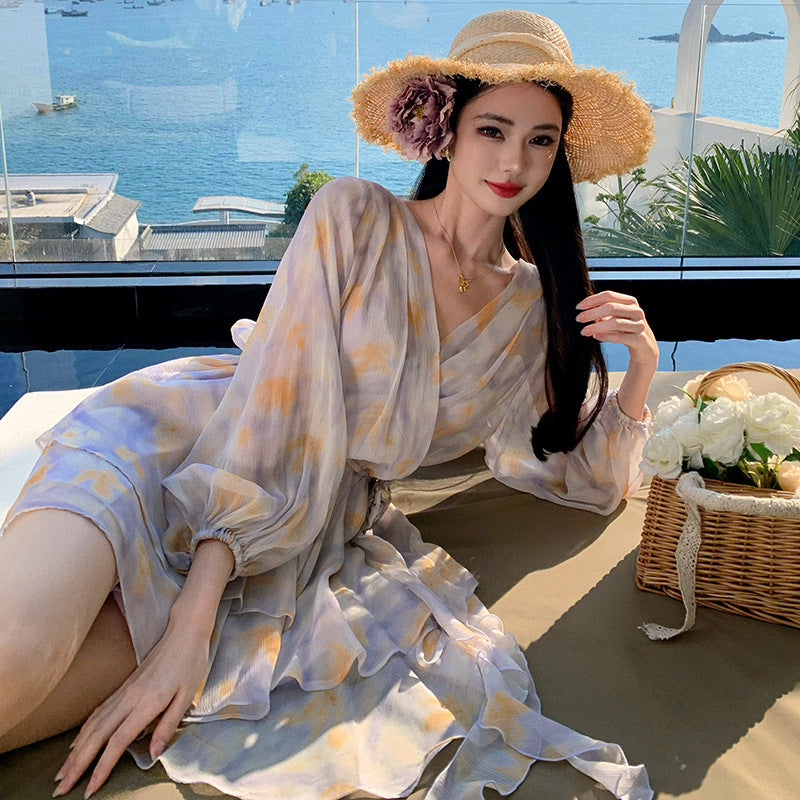2025 Super fairy photo good-looking purple V-neck chiffon floral dress waist fairy cake short skirt seaside vacation