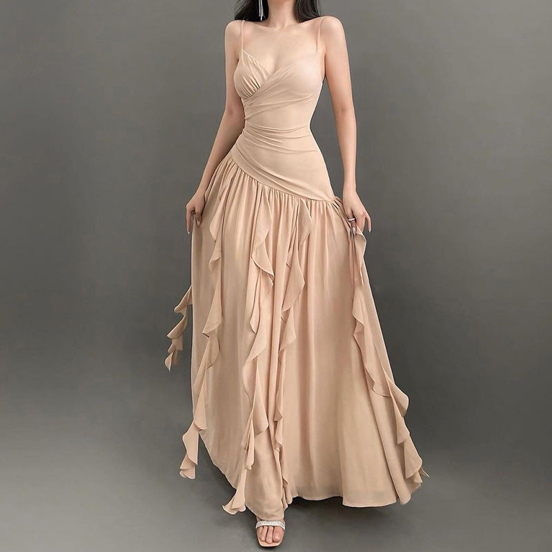 2025 style popular summer new women's clothing temperament suspender slim evening dress wavy edge dress