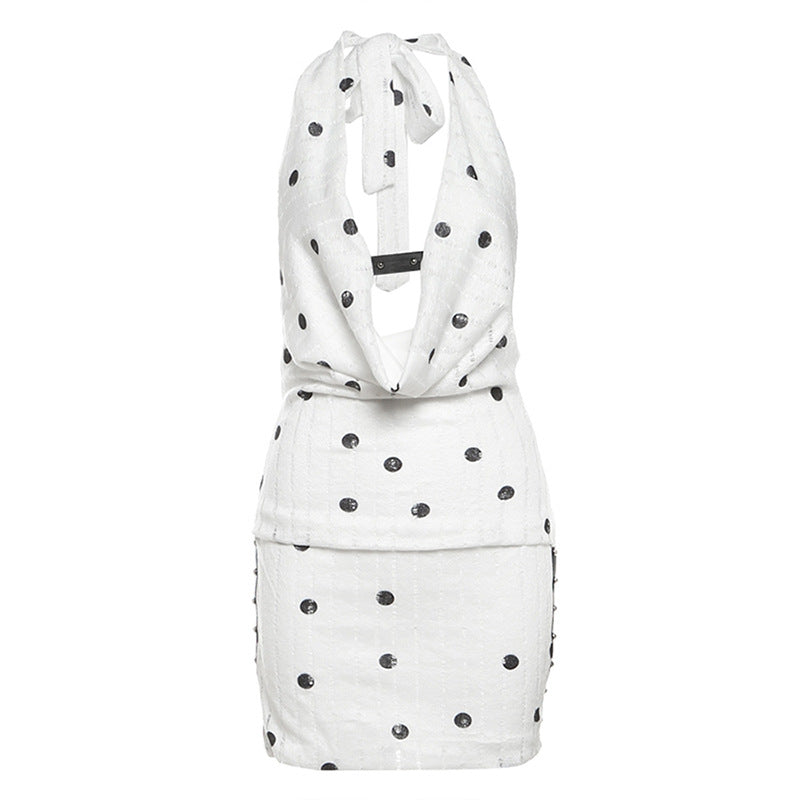 2025 style popular winter new women's clothing elegant and fashionable swinging neck sleeveless neck polka dot hip wrap dress