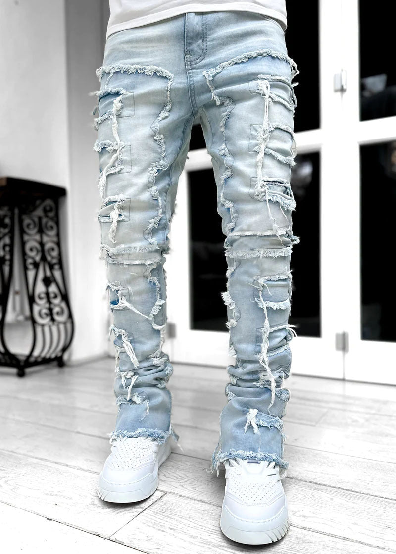 2025 Cross-border new men's denim straight pants, 2025 street fashion ins popular elastic sticker denim straight pants