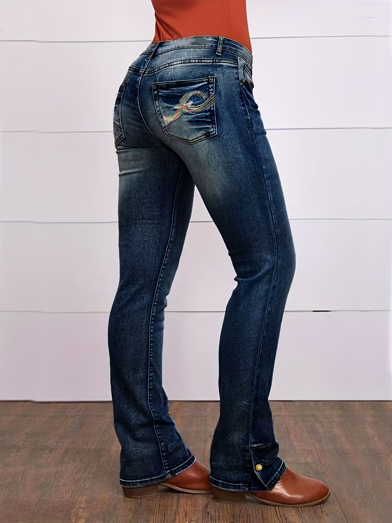 2025 Cross-border supply, 2025 simple casual jeans, elastic slim-fit straight denim trousers, women's embroidered jeans