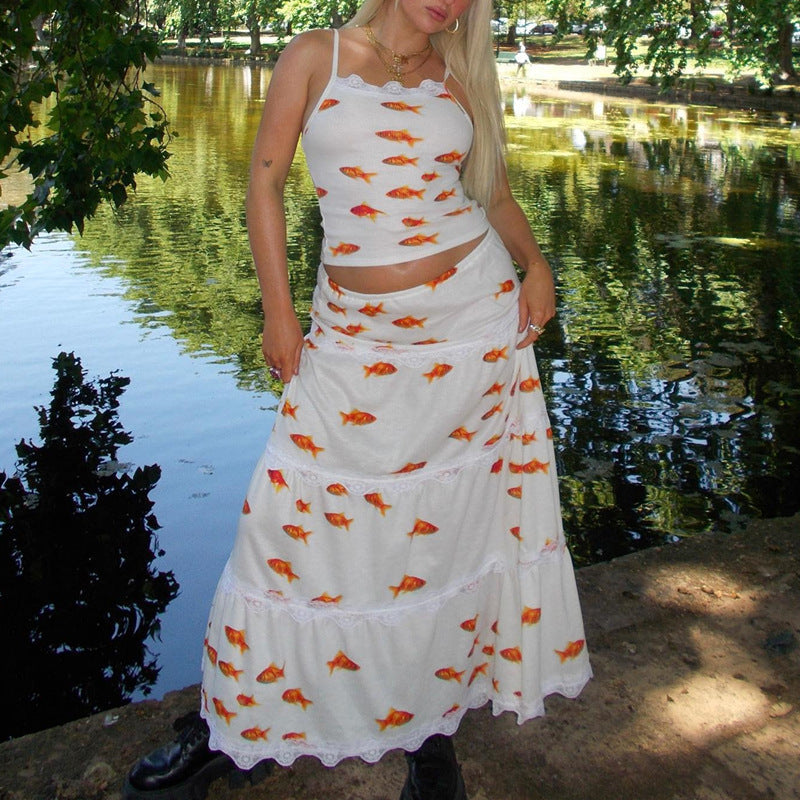 qgtao dti outfits Gentle Style Sexy Sling Top Fashion Goldfish Pattern Casual Temperament Cake Skirt Suit Women