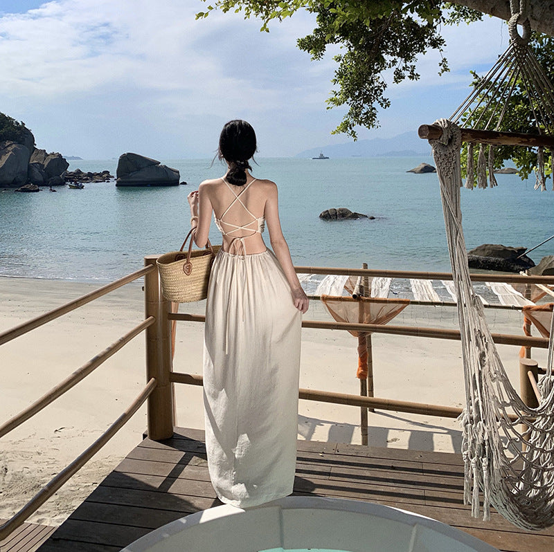 2025 Thai holiday style neck strap halter sexy suspender dress pure desire temperament advanced sense hollow long dress summer