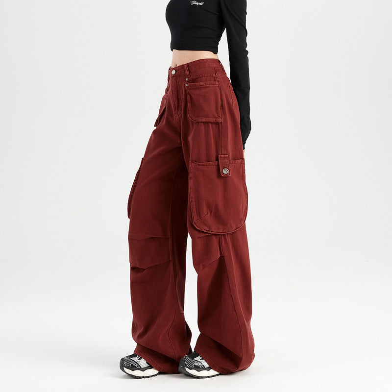 2025 A piece of wholesale hair delivery, n Ankola red dyed overalls, autumn Hong Kong style, high waist, multiple pockets, loose wide legs.