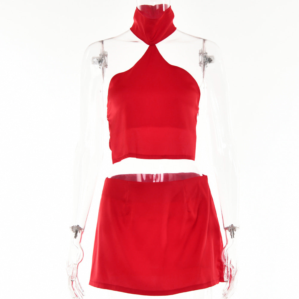 2025 style neck top short skirt set women's autumn hot-selling new sexy backless slit two-piece set