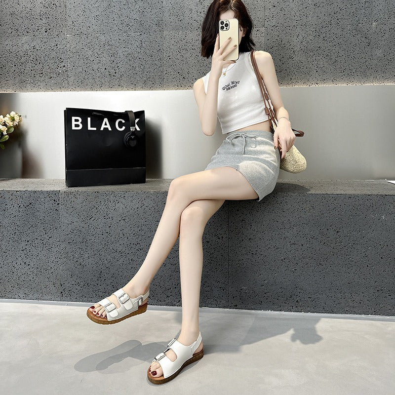 2025 Sandals women's summer wear popular new flat-bottomed thick-soled seaside casual beach Roman shoes