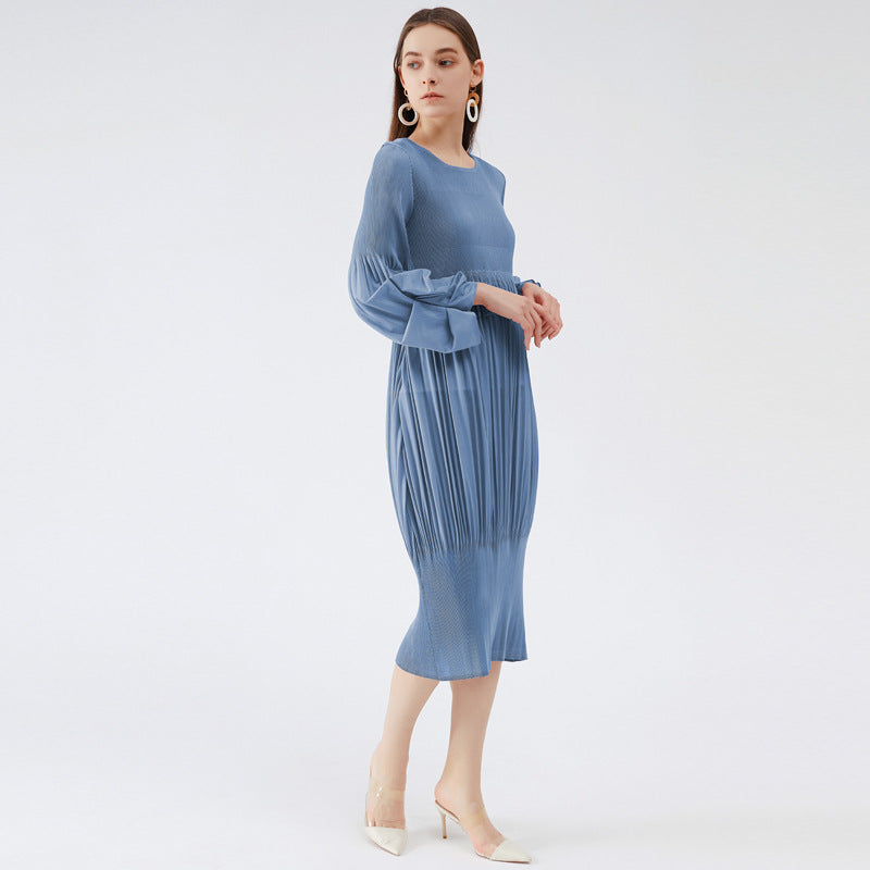 2025 spring simple design girly feeling fresh and sweet pleated bubble sleeves lantern dress dress dress medium and long dress women