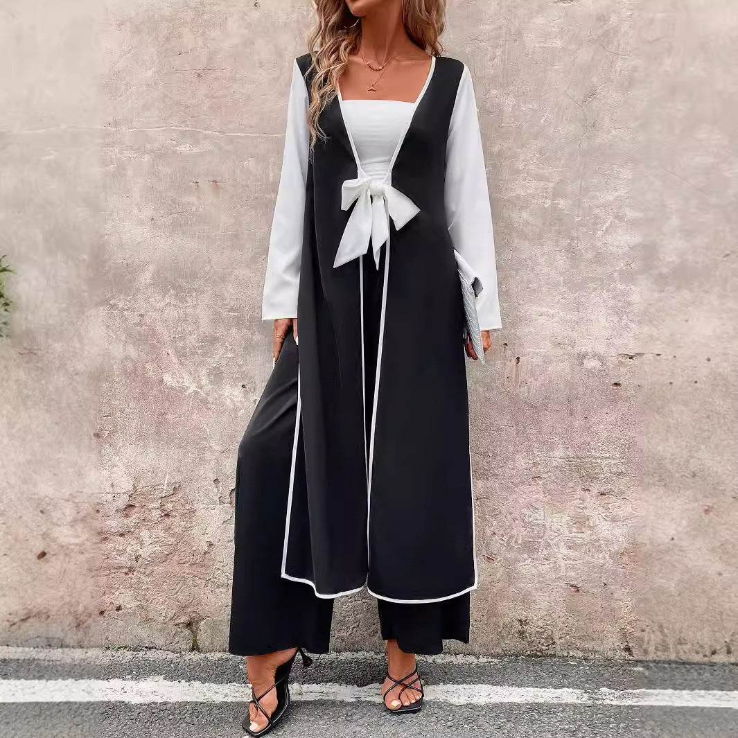 qgtao uniforms dress to impress Women's Fashionable Casual Long Contrast Color Cardigan Lace-up Side Slit Top Wide Leg Trousers Suit