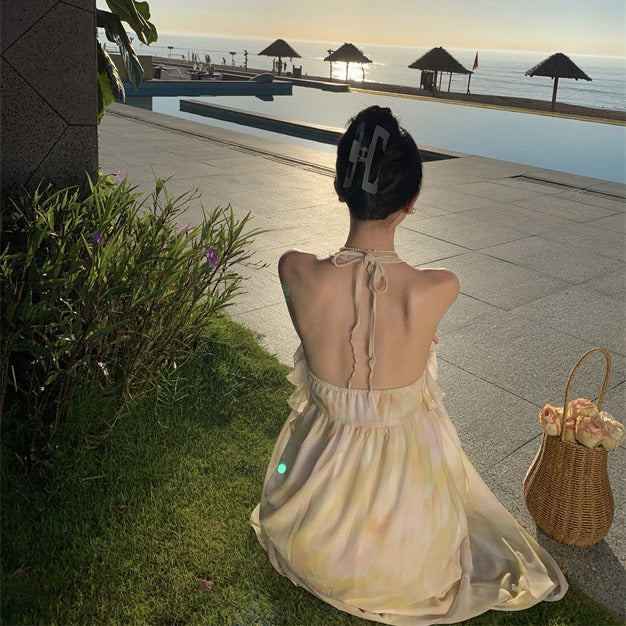 2025 New smudge holiday style neck dress niche design temperament backless neck dress women's summer
