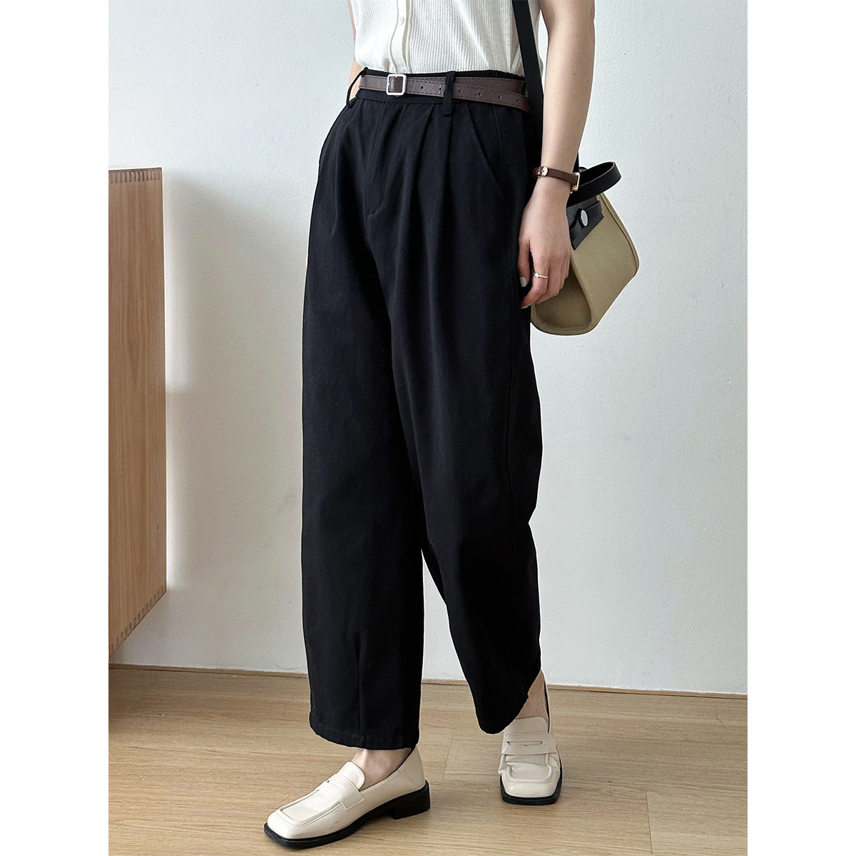 2025 2025 spring Harlan pants thin black elastic waist straight pants women's nine-point suit pants casual pants 1015