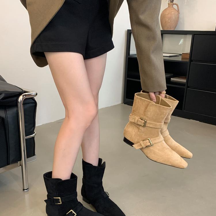 2025 popular new autumn Korean version suede belt buckle short boots thick heel mid heel boots brown western cowboy boots