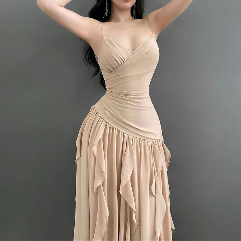 2025 style popular summer new women's clothing temperament suspender slim evening dress wavy edge dress