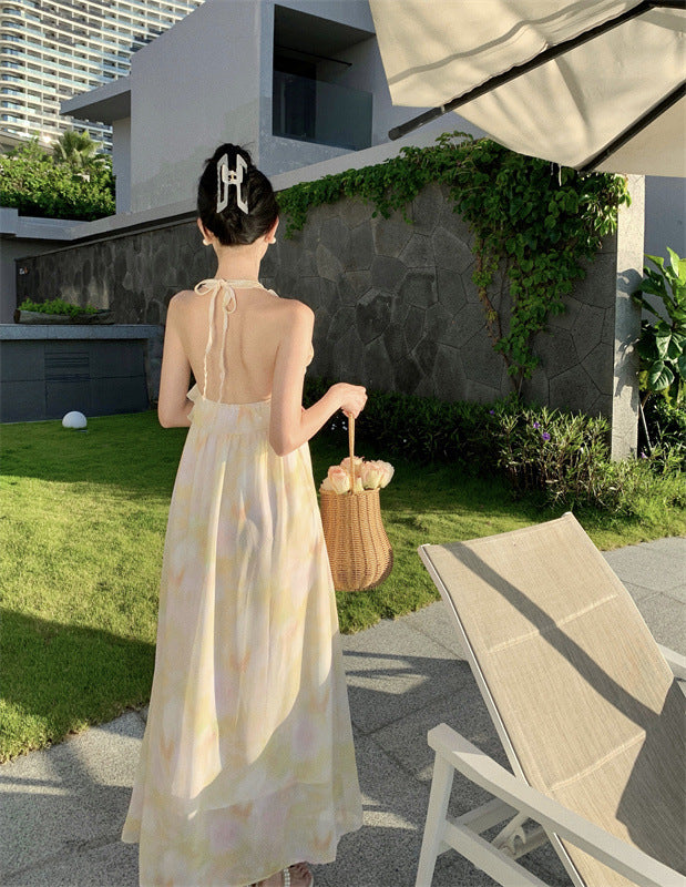 2025 New smudge holiday style neck dress niche design temperament backless neck dress women's summer