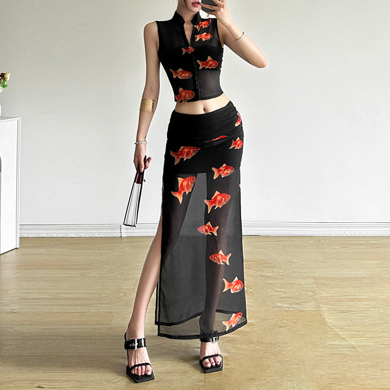 qgtao dti outfits 2024 Style Summer New Women's Solid Color Slim Sleeveless Top Fashion Low Waist Skirt Suit