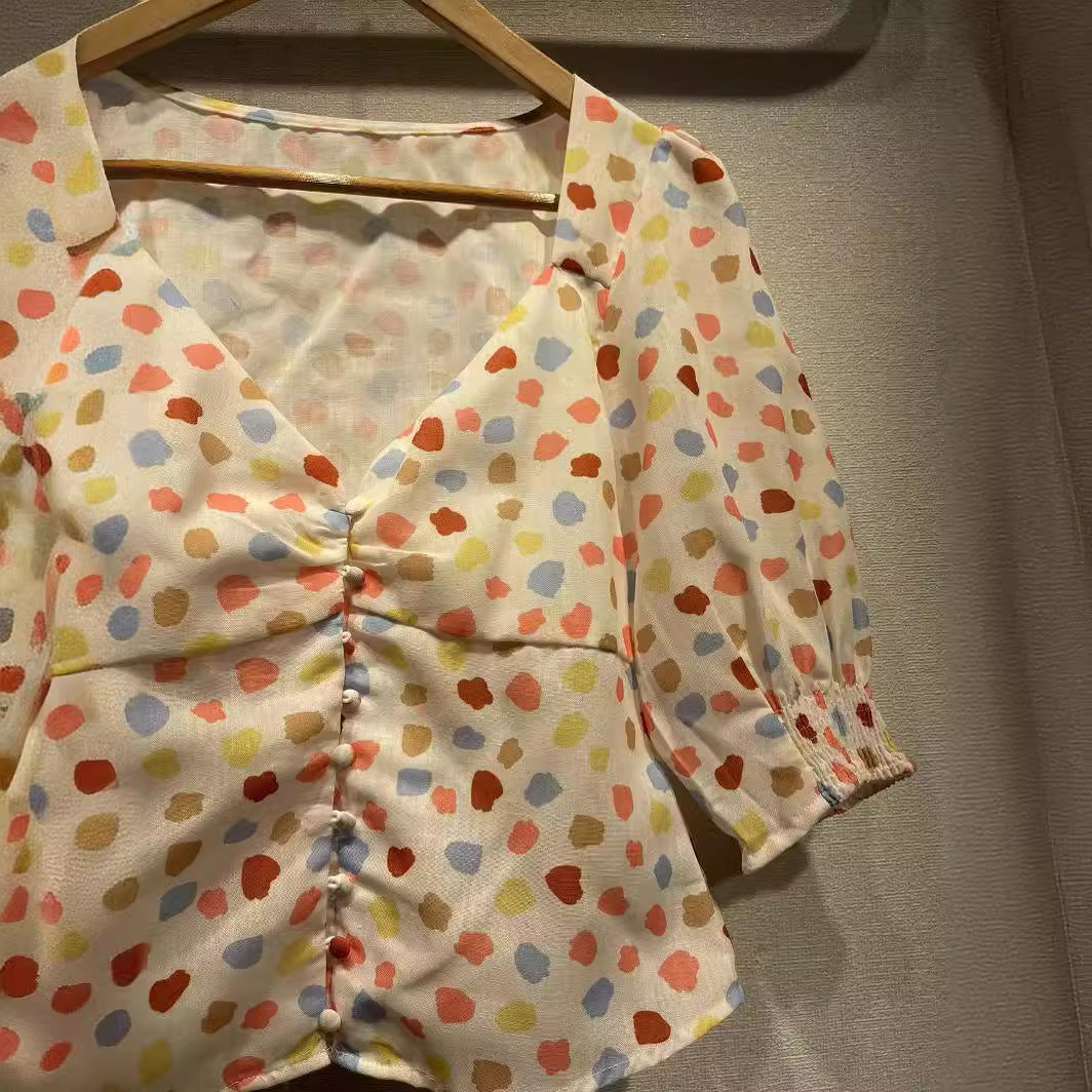 2025 RIpopular Spring and Summer New Linen Polka Dot Printed Peach Heart Low Neck V-Neck Bubble Sleeve Shirt Classic Shirt 31408