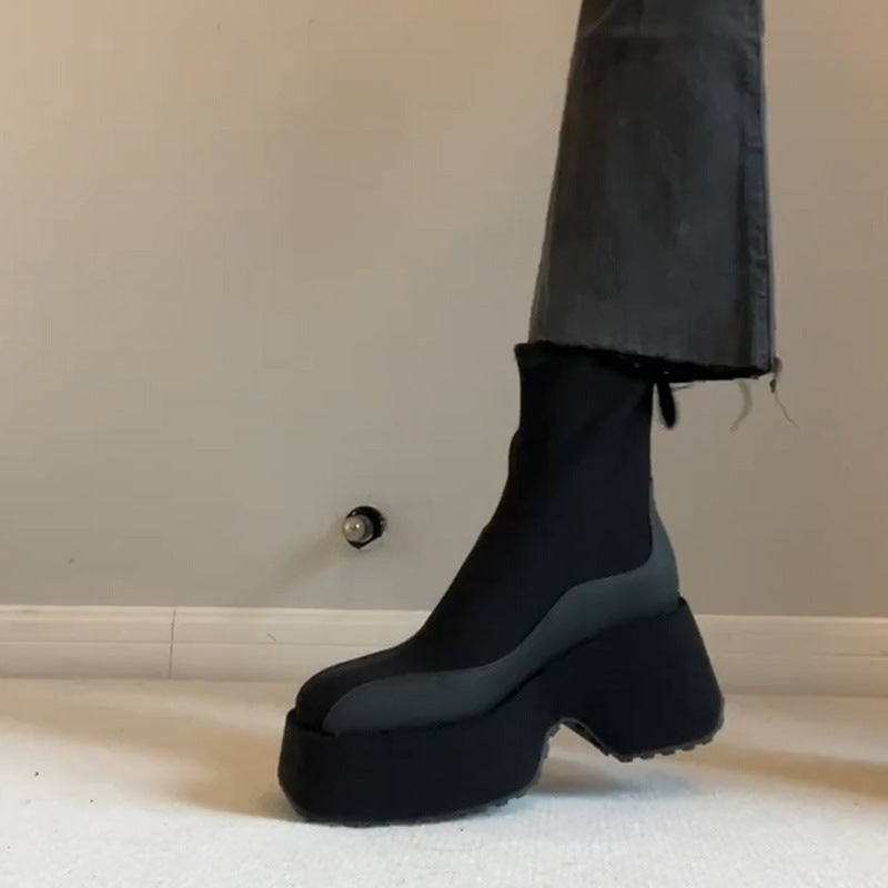 2025 Black Martin boots women's small thick-soled heightening zipper muffin bottom elastic thin boots after splicing