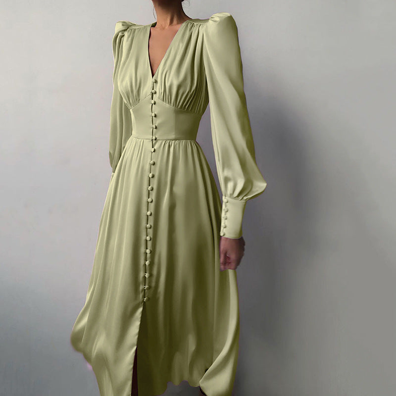 2025 spring new satin dress women's design lantern sleeves waist thin temperament slim dress